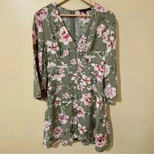 Dynamite Floral V Neck Sage Green  Dress with Mini Skirt Size M